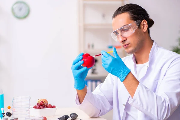 Joven experto en nutrición masculina probando productos alimenticios en laboratorio —  Fotos de Stock