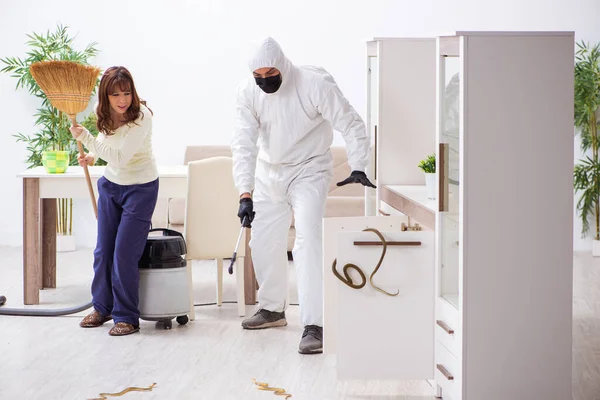 Joven contratista masculino exterminando serpientes en el piso — Foto de Stock