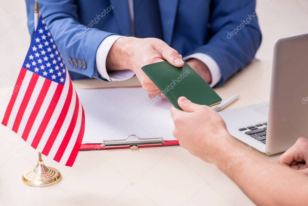 Young man visiting embassy for visa application