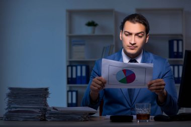 Alkol bağımlısı işadamı ofiste geç saatlere kadar çalışıyor.