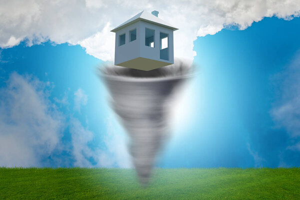 Концепция отчуждения с потерянным в торнадо домом - 3d рендеринг