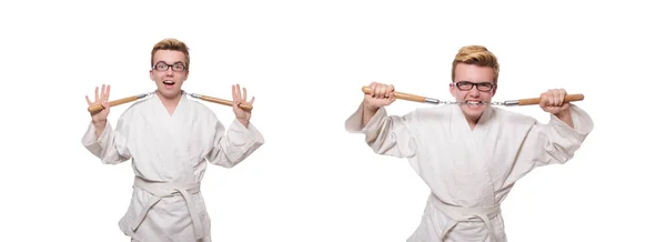 Divertido luchador de karate con nunchucks en blanco —  Fotos de Stock