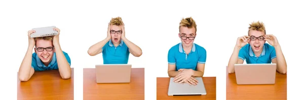 Student z laptopem izolowane na białym — Zdjęcie stockowe