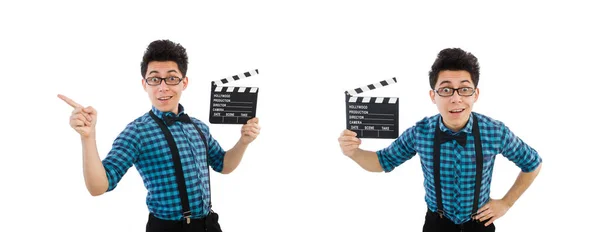 Man with movie clapperboard isolated on white — Stock Photo, Image