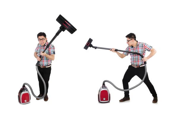 Pria lucu dengan vacuum cleaner di atas putih — Stok Foto