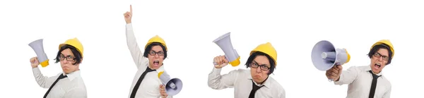 Construction worker in funny concept on white — Stock Photo, Image