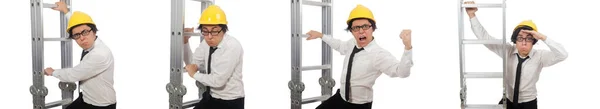 Trabajador de la construcción en concepto divertido en blanco — Foto de Stock