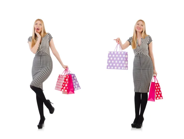 Kvinna efter shopping isolerad på vitt — Stockfoto