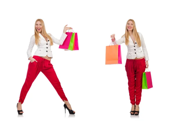 Žena s nákupními taškami izolované na bílém — Stock fotografie