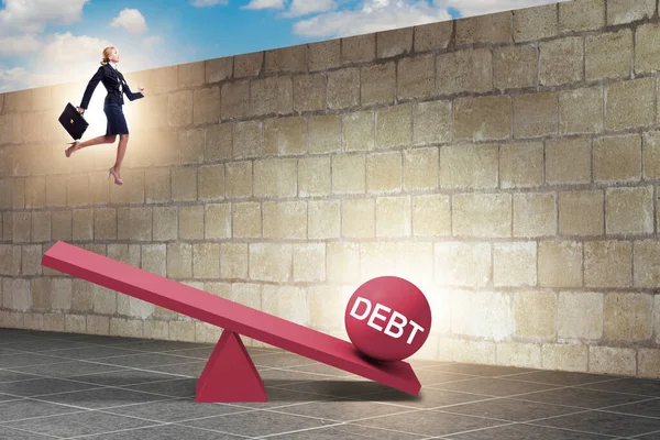 Debt and loan concept with businesswoman and seesaw — Stock Photo, Image