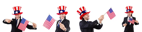 Hombre con bandera americana aislado en blanco — Foto de Stock