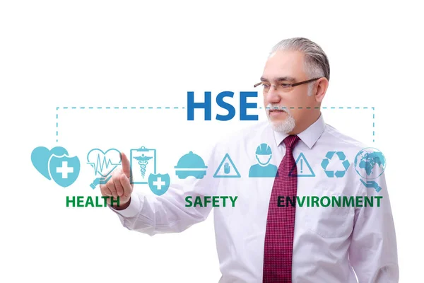 Koncepcja HSE z biznesmenem naciskającym wirtualny przycisk — Zdjęcie stockowe