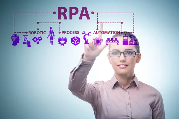 Zakenvrouw drukt op knoppen in RPA concept — Stockfoto