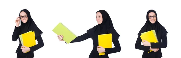 Beyaz ırktan izole Arap kadın öğrenci — Stok fotoğraf
