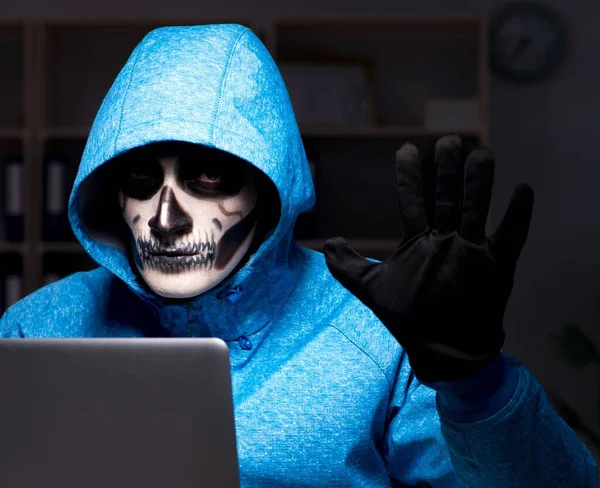 Scary hacker hacking security firewall late in office — Stock Photo, Image