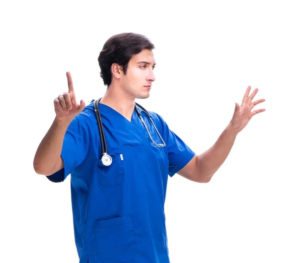 Jonge mannelijke arts druk op knoppen geïsoleerd op wit — Stockfoto