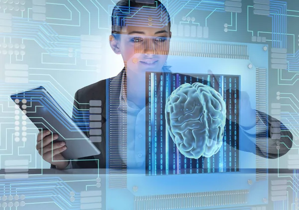 Kognitives Computerkonzept mit Frau auf Knopfdruck — Stockfoto