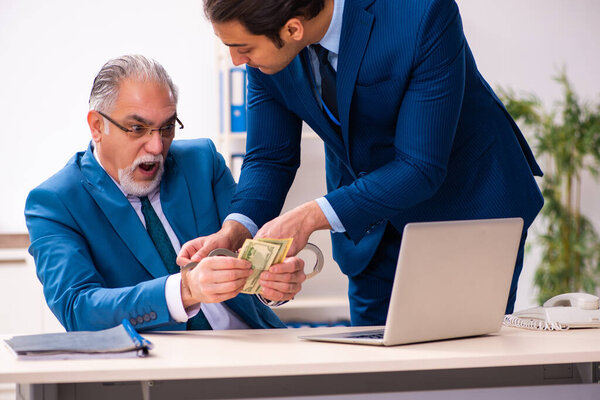 Male employee and cop in police investigation concept