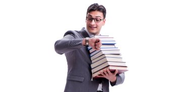 Elinde kitap yığınları taşıyan iş adamı öğrenci.