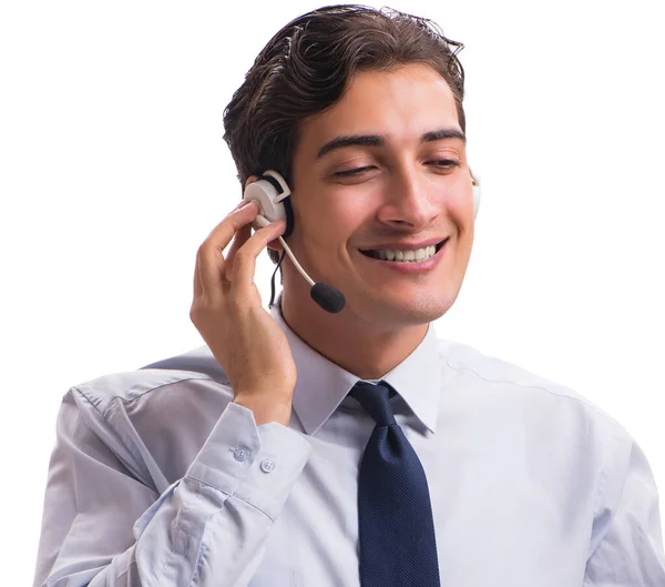 Homem com fone de ouvido isolado no fundo branco — Fotografia de Stock