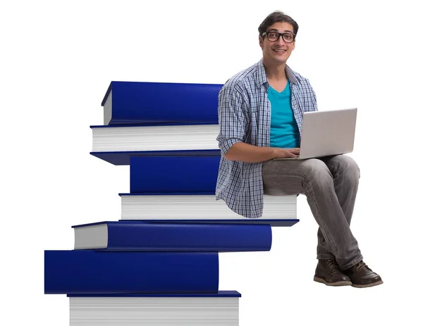 Fiatal férfi telelearning koncepció laptop és könyvek — Stock Fotó