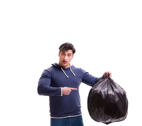 Homem com saco de lixo isolado em branco — Fotografia de Stock