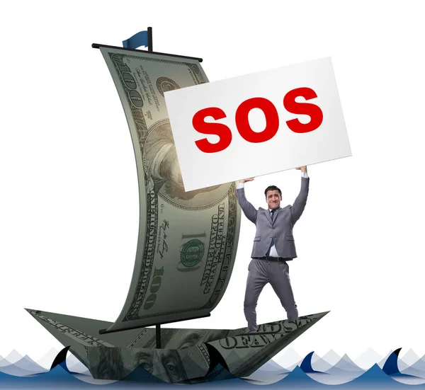 Homme d'affaires demandant de l'aide avec le message SOS sur le bateau — Photo