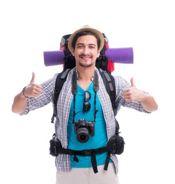 Beyaz arka plan üzerinde izole kamera ile Backpacker