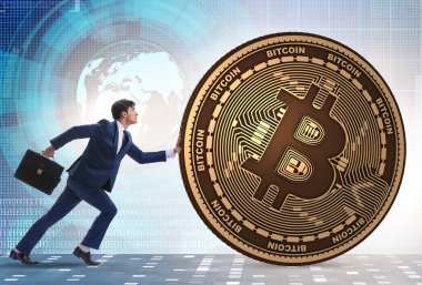 İşadamı, kripto para zinciri konseptinde bitcoin basıyor