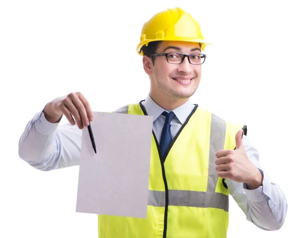 Supervisor de construção com folha em branco isolada em backg branco — Fotografia de Stock