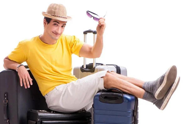 Gelukkige jongeman gaat op zomervakantie geïsoleerd op wit — Stockfoto