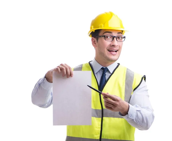 Supervisor de construcción con hoja en blanco aislado en respaldo blanco — Foto de Stock