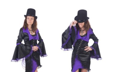 Menekşe ve siyah elbise giyen kız beyazda izole edilmiş.