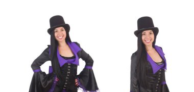 Siyahlı ve menekşe elbiseli kadın beyazlar içinde soyutlanmış.