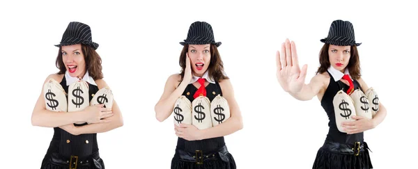 Woman gangster with money sacks on white — Stock Photo, Image