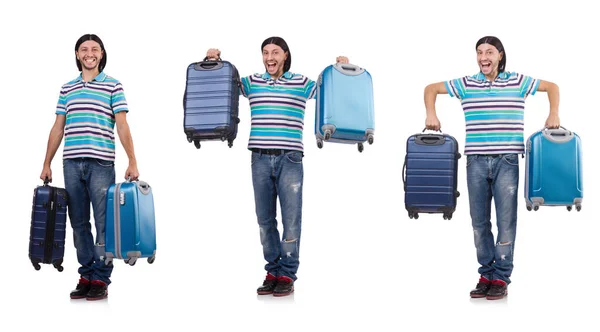 Young man with suitcase isolated on white — Stock Photo, Image