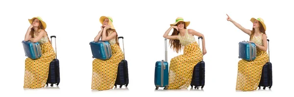 Woman ready for summer travel isolated on white — Stock Photo, Image