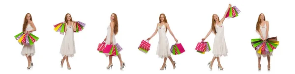 Nő bevásárló táskák elszigetelt fehér — Stock Fotó
