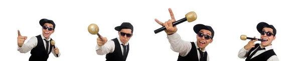 Vtipný muž v karaoke klubu izolované na bílém — Stock fotografie