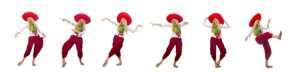 Мексиканская девушка с сомбреро танцует на белом — стоковое фото