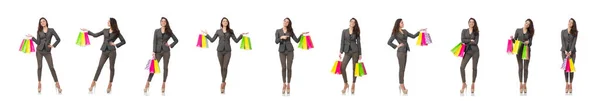 Mujer atractiva con bolsas aisladas en blanco —  Fotos de Stock