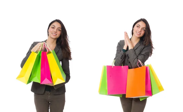 Attractive woman with shopping bags isolated on white — Stock Photo, Image