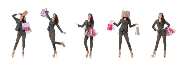 白い上に隔離されたショッピングバッグと魅力的な女性 — ストック写真
