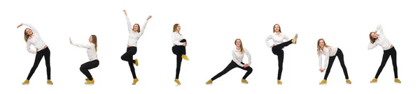 Frau macht Übungen isoliert auf Weiß — Stockfoto