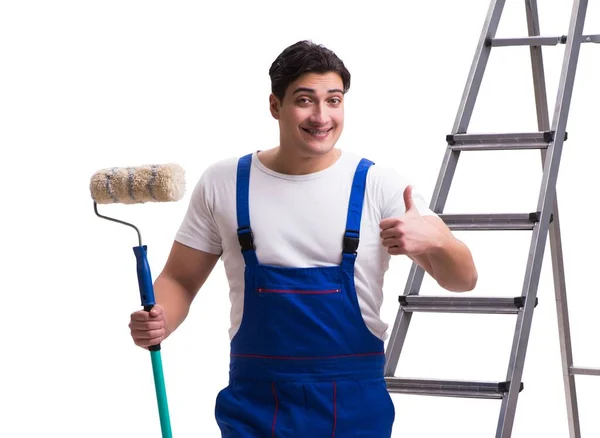 Jovem pintor contratado isolado no fundo branco — Fotografia de Stock