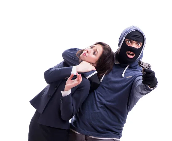 Businesswoman is kidnapped by the gunman — Stock Photo, Image