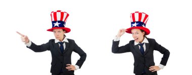 Beyaz üzerinde Amerikan sembolleri olan genç bir kadın.
