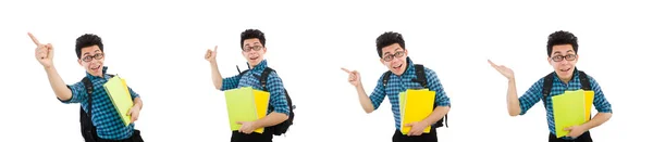 Estudiante divertido con libros aislados en blanco — Foto de Stock