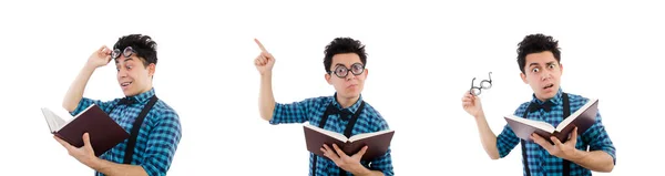 Смешной студент с книгами о белом — стоковое фото