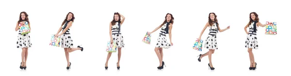 Girl after good shopping on white — Stock Photo, Image
